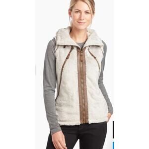Kuhl Fleece Flight Vest Women S White Brown Full Zip Packable Hood Ski Winter
